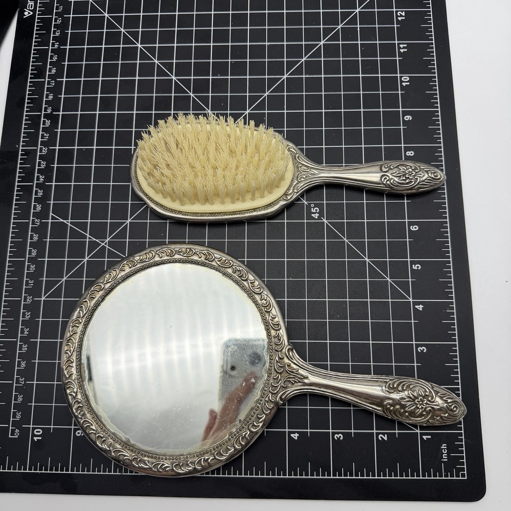 Vintage Silverplate Vanity Hand Mirror & Hair Brush Set Ornate Floral Repousse - Picture 8 of 8